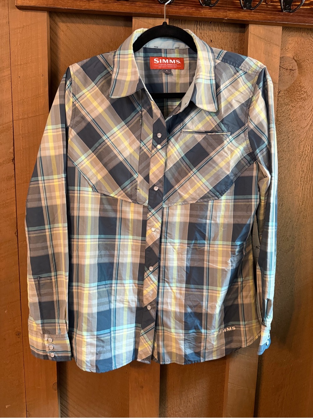 Simms women’s Plaid Button-Down Shirt in Blue, Gray, and Yellow